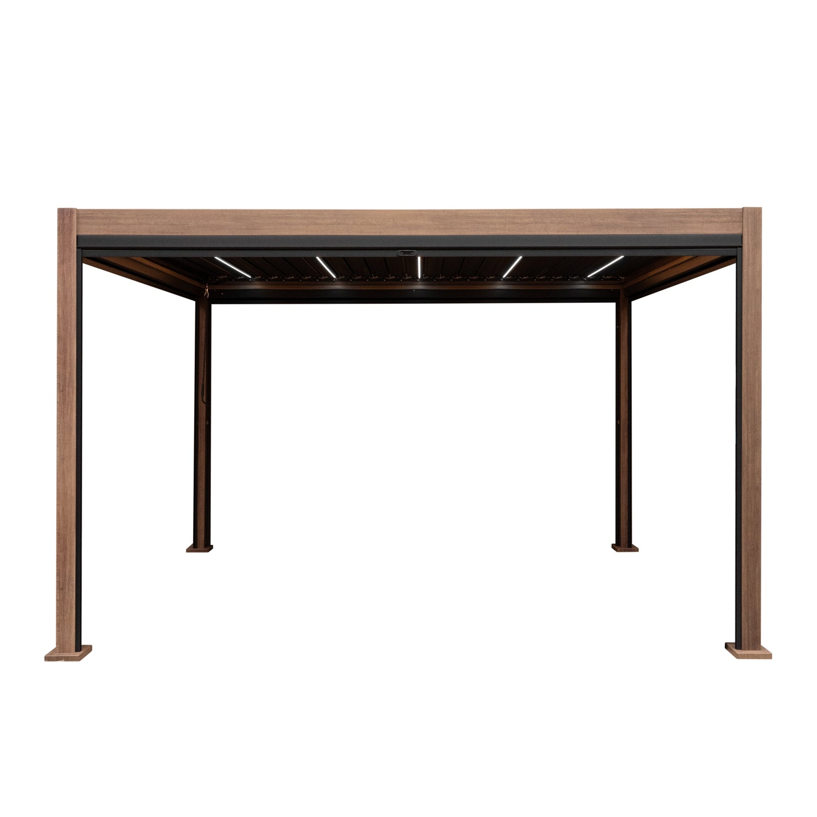 Wood Effect Aluminium Pergola With Blinds & Led Lights | 4m x 3m | Brown