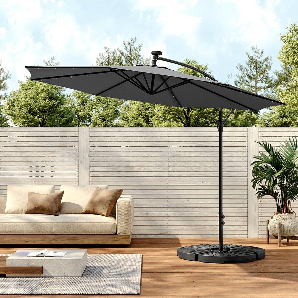 3 M Banana Patio Umbrella Cantilever Garden Parasol With Solar-powered 32 Led Lights, Crank For Opening Closing With Cross Base & Fillable Base | One Size | Dark Grey