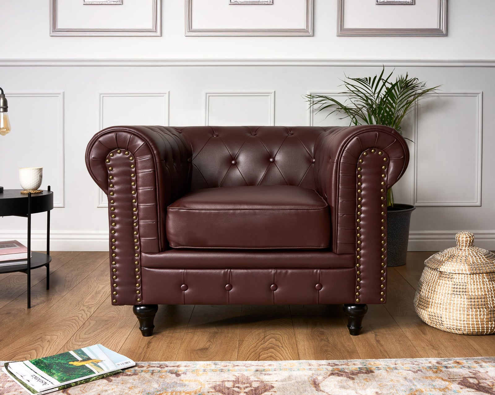 Button Tufted Faux Leather Living Room Armchair | Brown