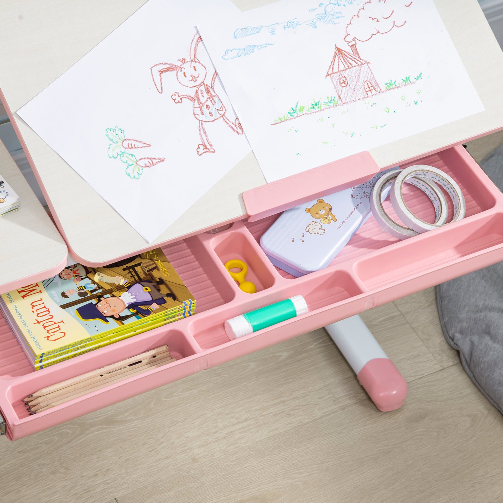 Kids Desk And Chair Set With Storage Shelves, Washable Cover | Pink