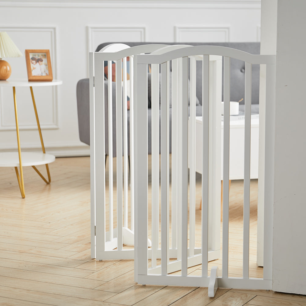 Foldable Freestanding 3/4-panel Arched Pet Gate, Indoor Safety Barrier For Doorways, Halls & Staircases | Large | White