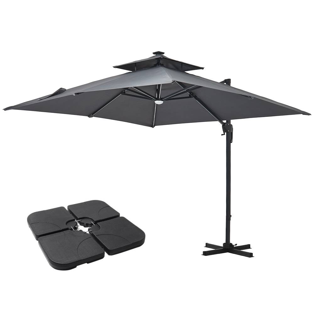 3m Double-tier Square Solar Led Patio Umbrella, Adjustable Height, 360° Rotation With Foot Pedal, Includes Cross Base And Square Fillable Bases