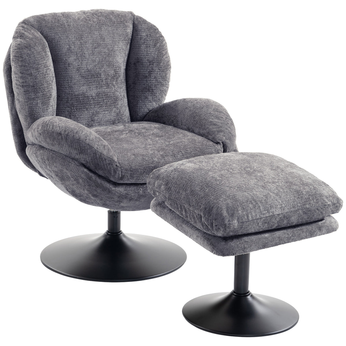 Chenille Lazy Chair With Ottoman, 360 Swivel | Dark Grey