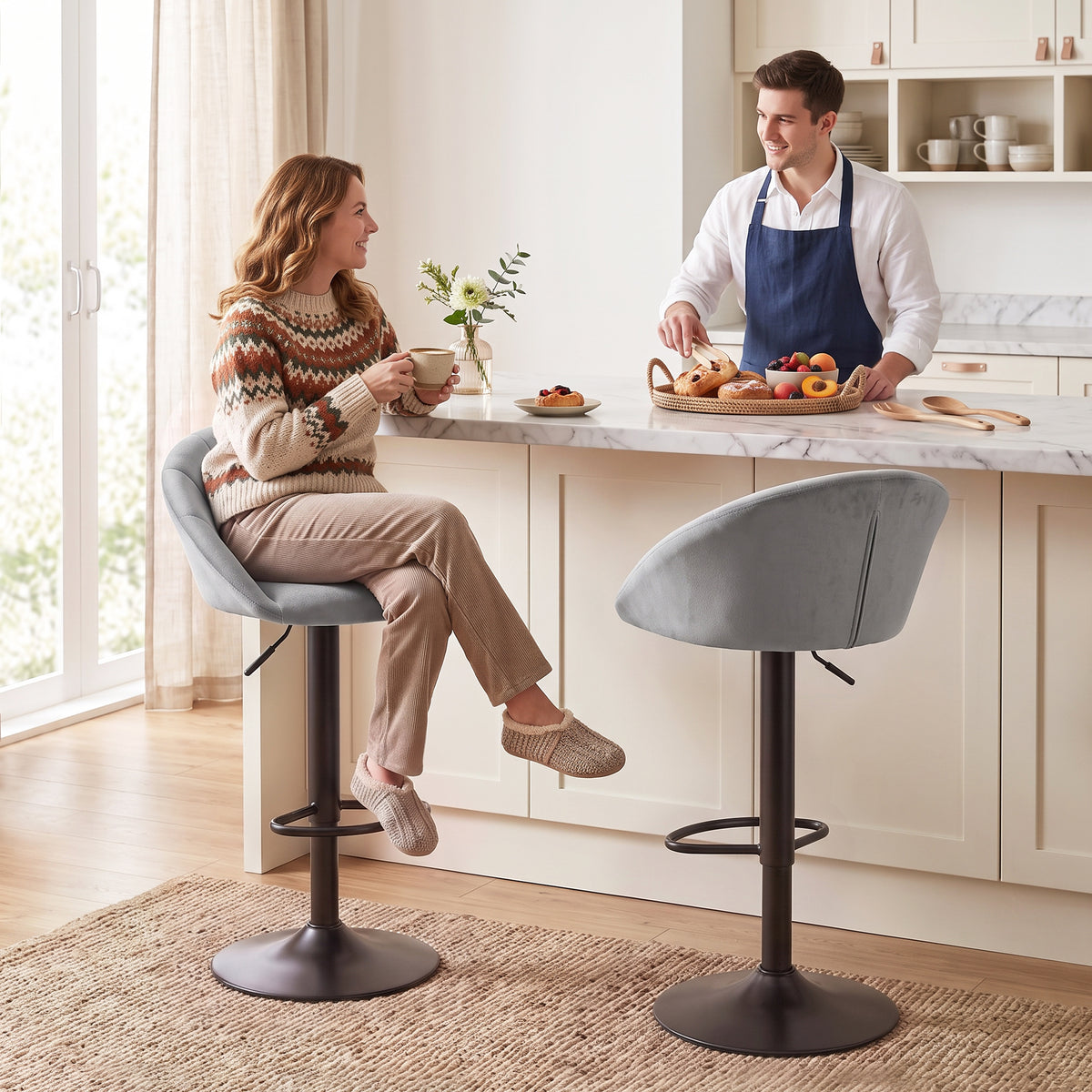 Bar Stools Set Of 2 Velvet Adjustable Swivel | Light Grey