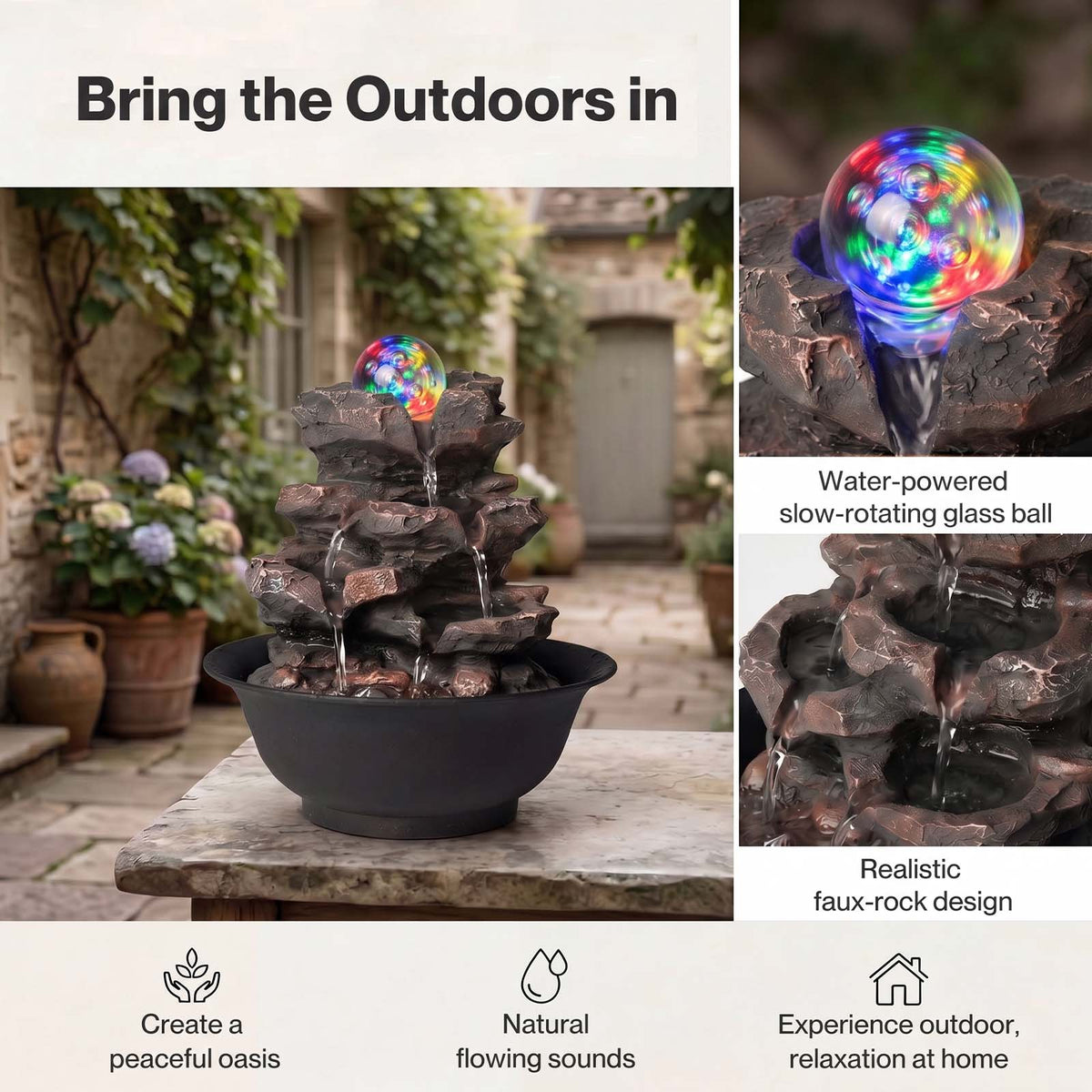 Spector Water Fountain Tabletop Water Feature 3-speed Flow Resin Rock Brown