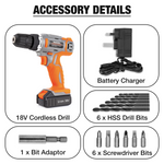 18v Cordless Drill And Screwdriver Set & Drill Bit Kit Li-ion Battery Included, Lightweight Power Battery Drill | 13 Piece Kit – 1x Battery + Charger + Carry Case | Orange