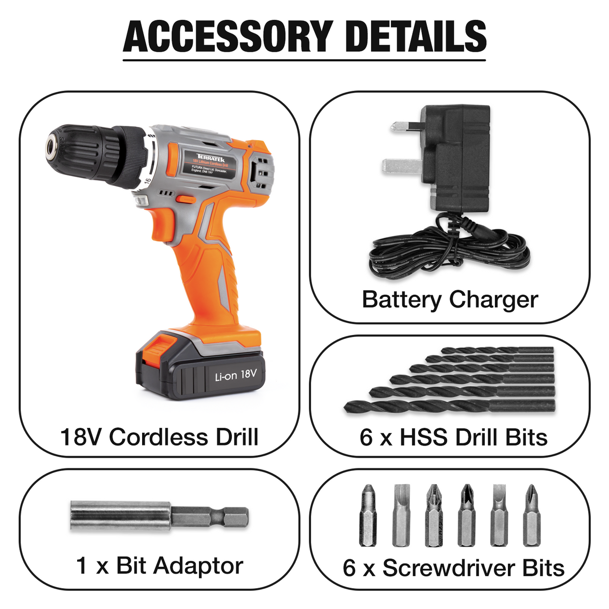 18v Cordless Drill And Screwdriver Set & Drill Bit Kit Li-ion Battery Included, Lightweight Power Battery Drill | 13 Piece Kit – 1x Battery + Charger + Carry Case | Orange