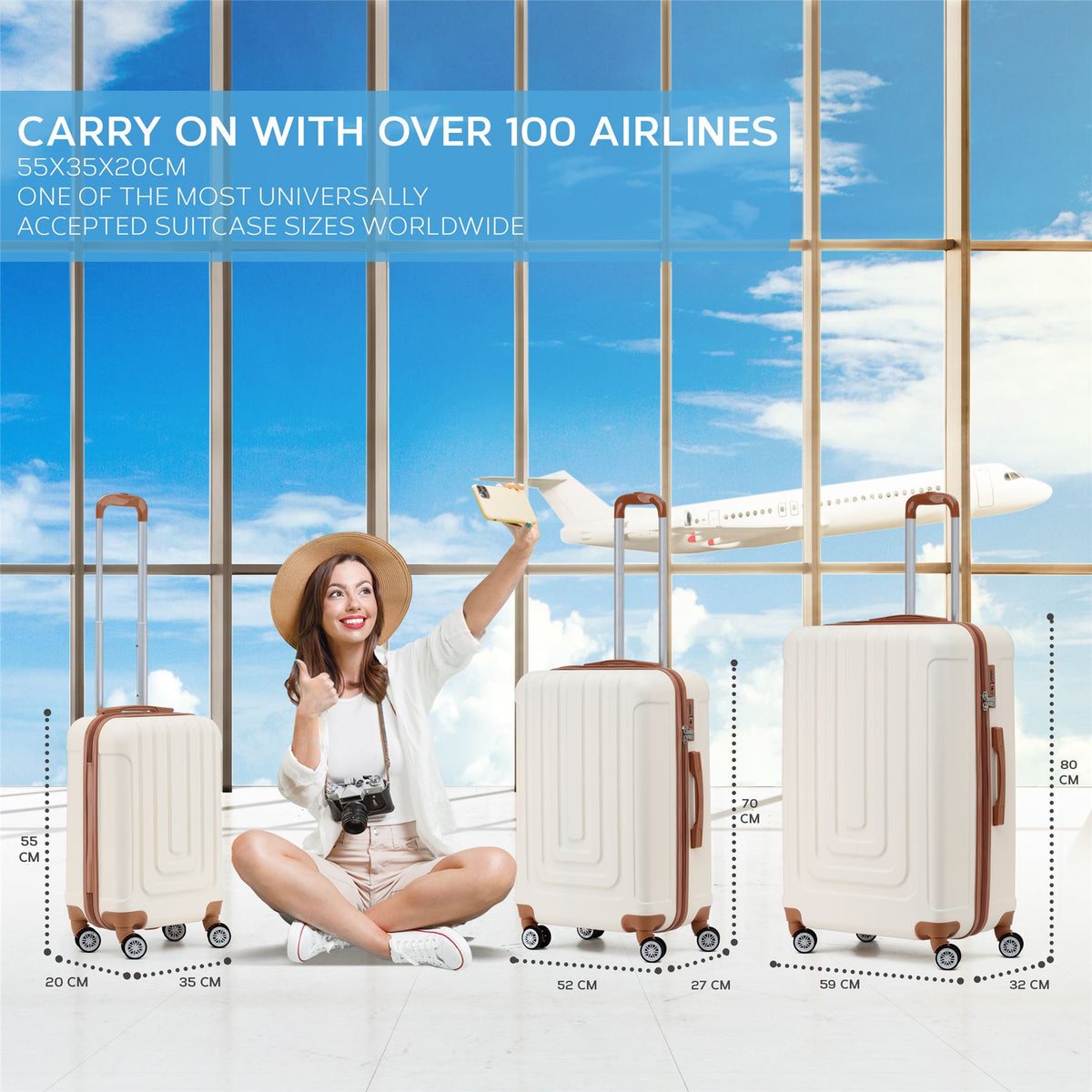 Set Of 3 Hard Shell Suitcases Overhead Carry On Cabin Bag & Check In 20kg+ Medium And Large Bag. | Set of 3 | Cream