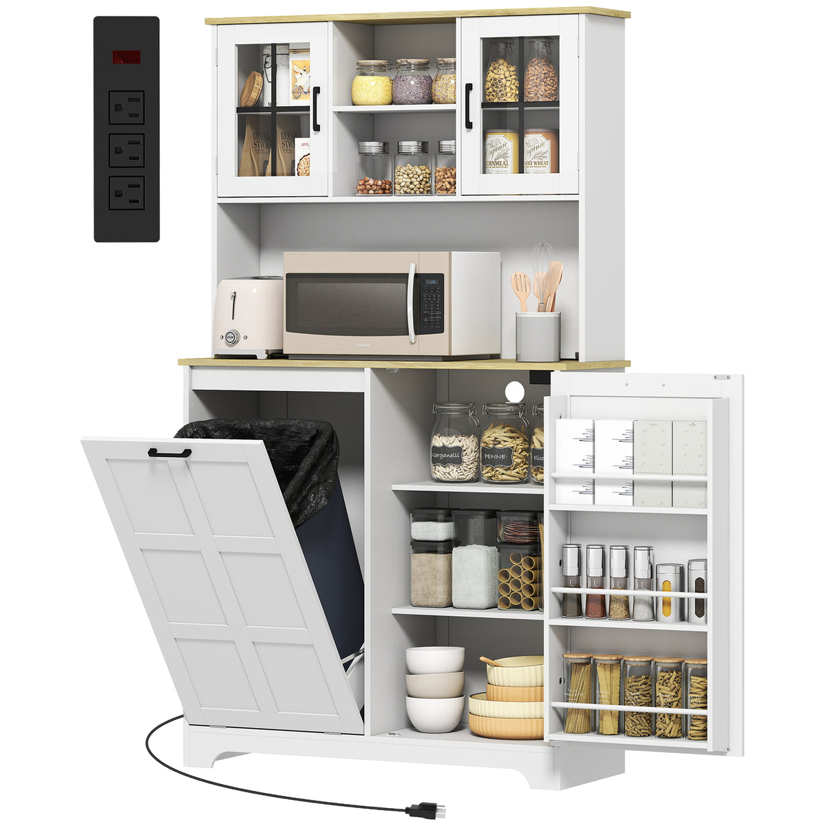 HOMCOM 175cm Tall Kitchen Cabinet With Rubbish Bin, White