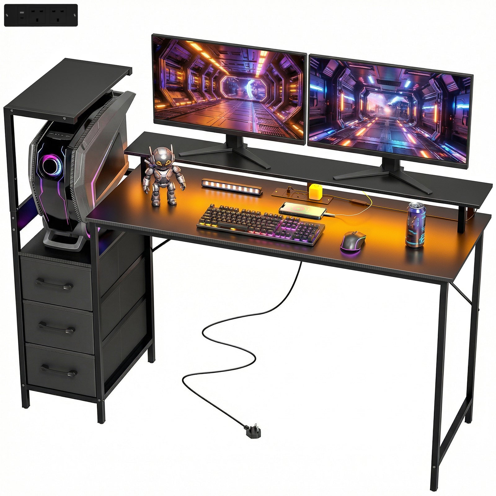 147cm Gaming Desk With Charging Station And Rgb Lights | Black