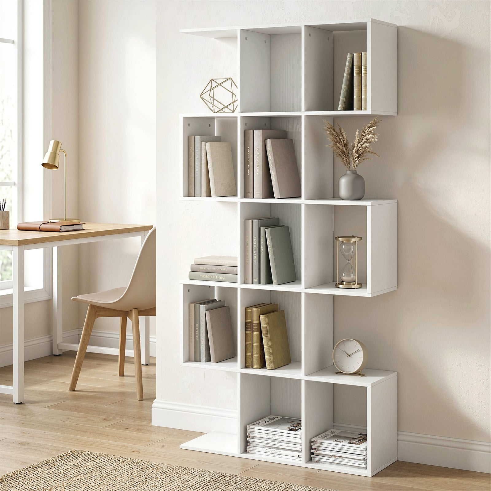Geometric Bookshelf, 5-tier S Shaped Bookcase | White