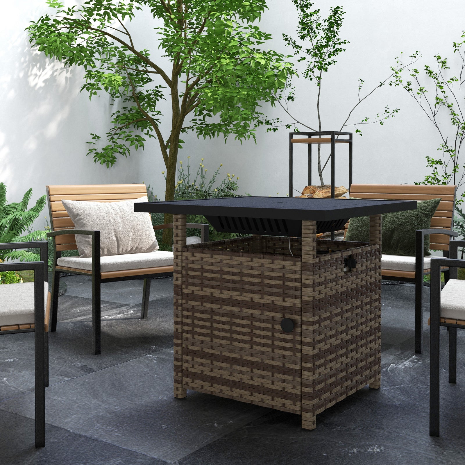 72.7cm Pe Rattan Fire Pit Table For Garden With Rain Cover | Brown