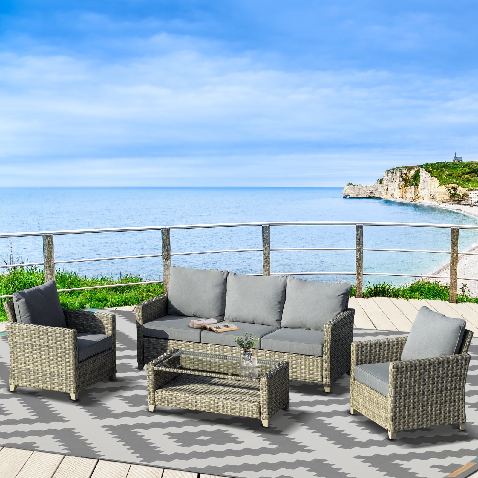 4 Pieces Patio Rattan Sofa Set Conversation Furniture