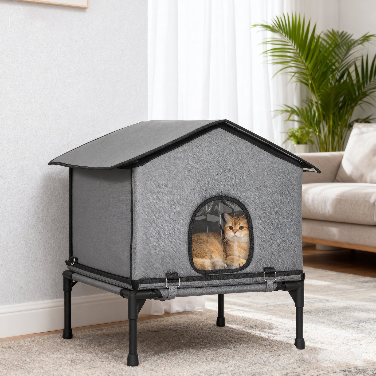 Outdoor Cat House, Feral Cat Shelter With Elevated Base, Grey