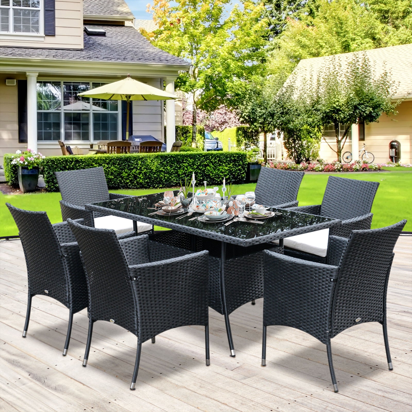 7pc Rattan Garden Furniture Dining Set Wicker Conservatory | Black