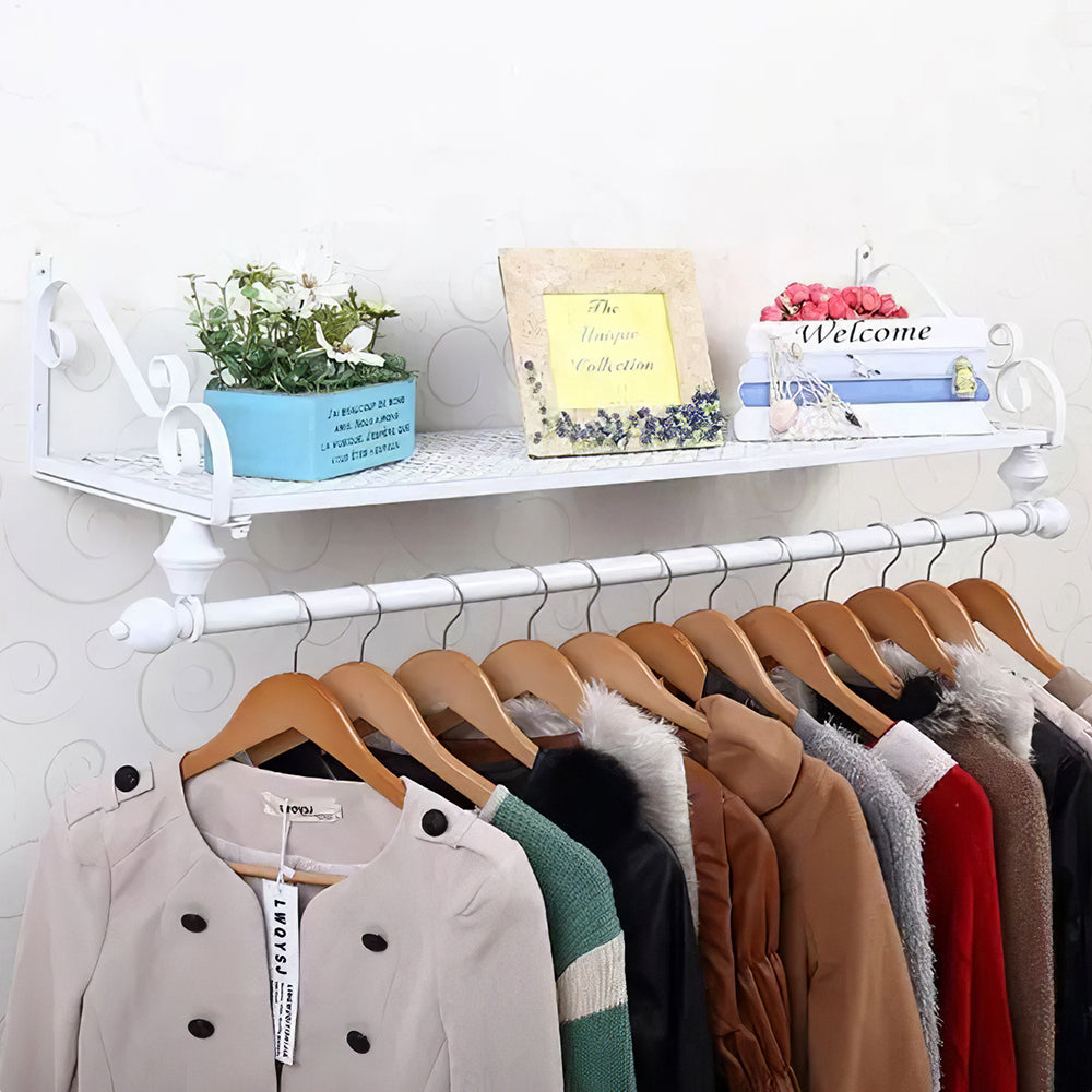 Wall Mounted Metal Clothes Garment Shop Display Rack With Shelf
