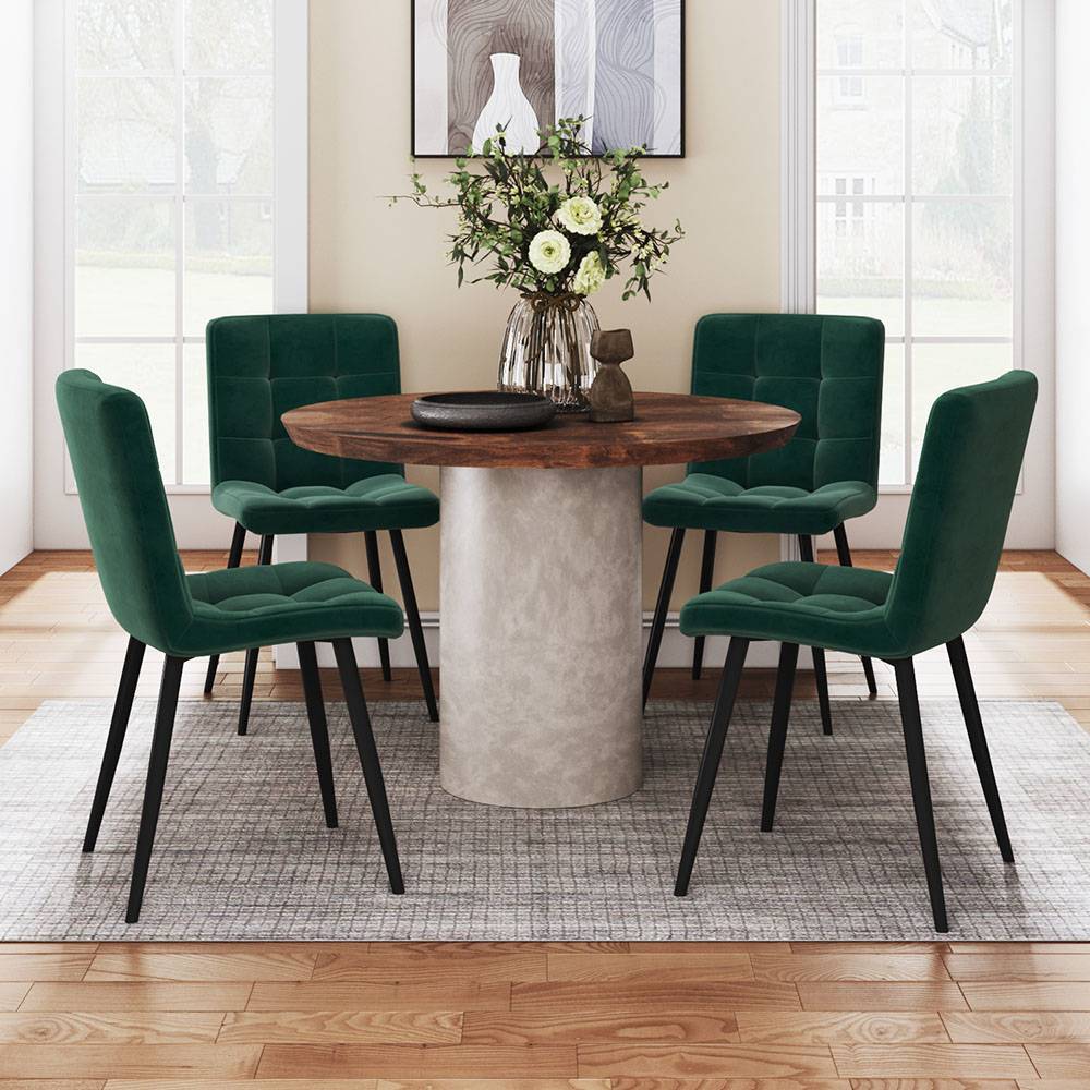 Set Of 4 Contemporary Velvet Dining Chair – Modern Green Upholstered Chairs with Black Metal Legs