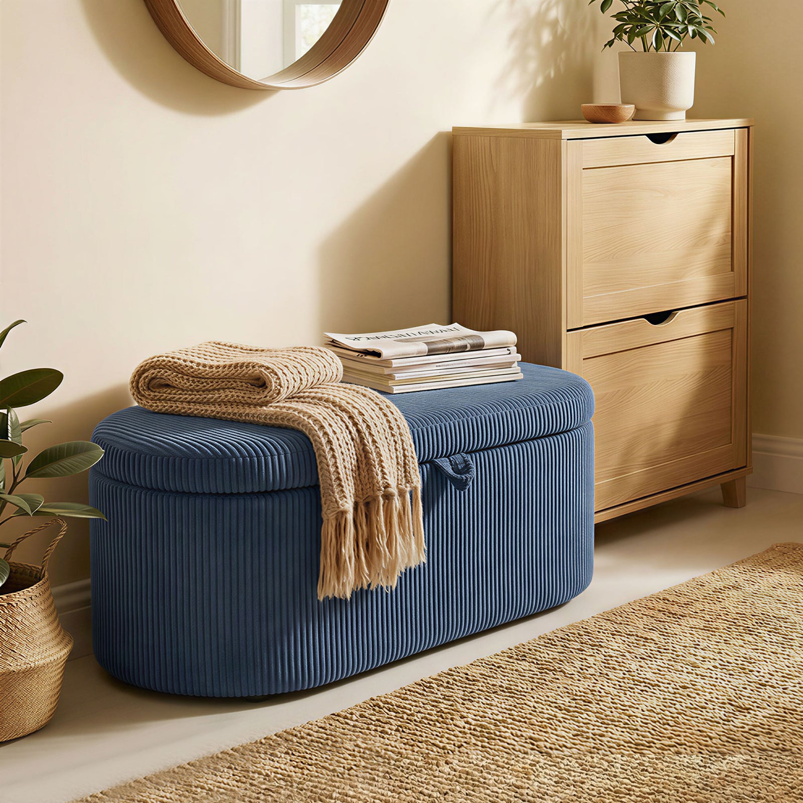 Storage Ottoman, Corduroy Ottoman Storage Box With Padded Seat | Blue