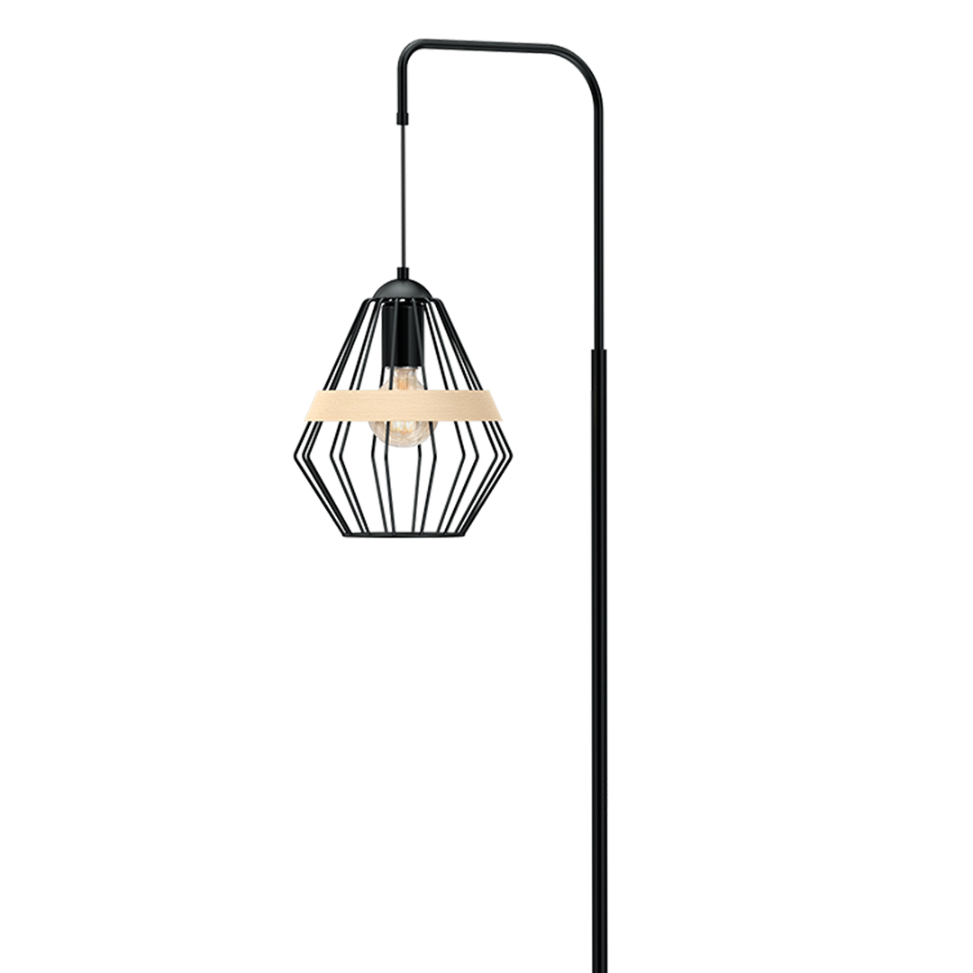 Cliff Black Floor Lamp Hand Made Matt Black Cage Style Lamp With Natural Wood Detail