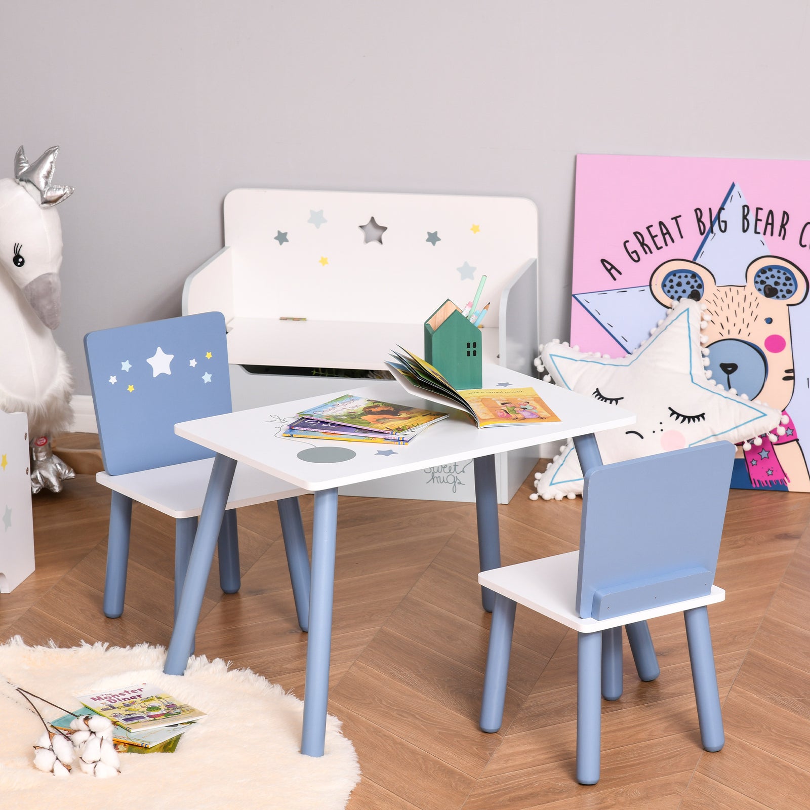 3 Pcs Kids Table & Chairs Dining Set Wood Legs Safe Corners Stars Seating