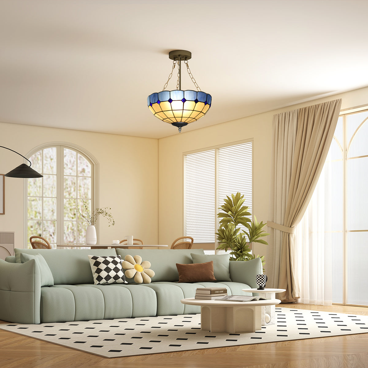 Ceiling Light, Vintage Tiffany Style Chandelier With 3 E27 Sockets | Blue