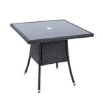Square Wicker Patio Table With Black Tempered Glass Top With 51mm Umbrella Hole & Transparent Cap 80cm X 72cm H