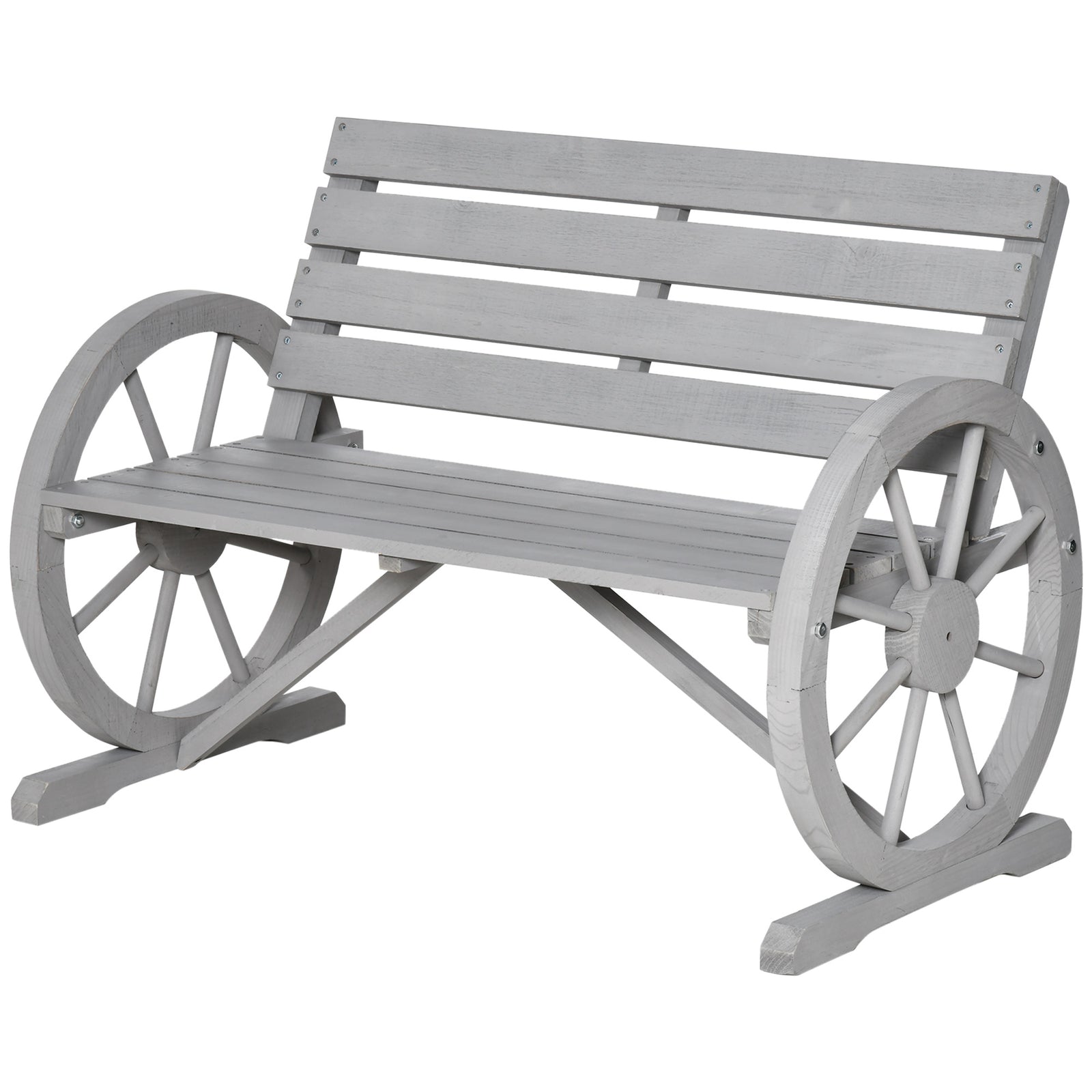 2 Seater Garden Bench W/ Wooden Cart Wagon Wheel Rustic Back | Charcoal Gray