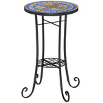 35.5cm Round Mosaic Garden Side Table Plant Stand W/ Shelf | Blue