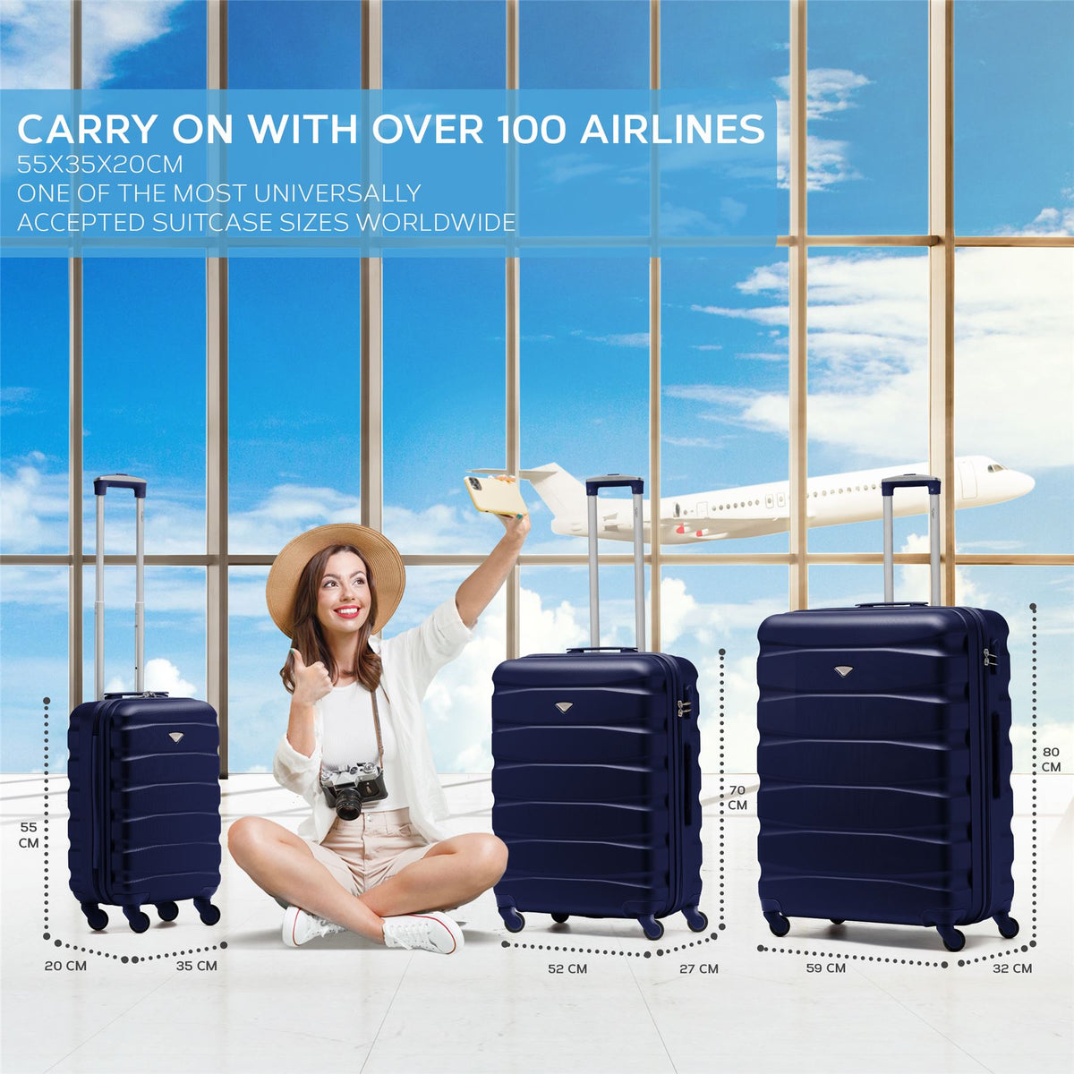 Set Of 3 Hard Shell Suitcase Cabin & Check In Cases With Tsa Lock - Overhead Cabin With Medium & Large Check-in Bag | Set of 3 | Navy Blue