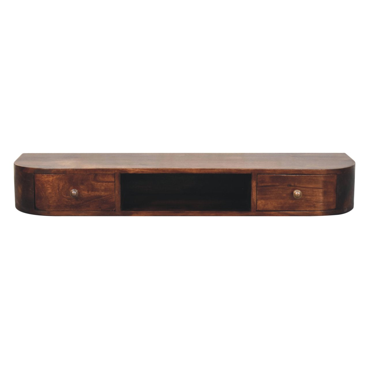 Solid Wood Lunar Wall Mounted Chestnut Console, 2 Drawers And Open Slot, Dark Brown