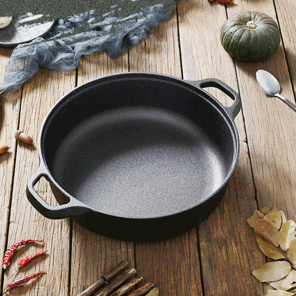 22cm/25cm/28cm Dia Pre-seasoned Round Cast Iron Braiser Pan With Lid & Double Handles | Small