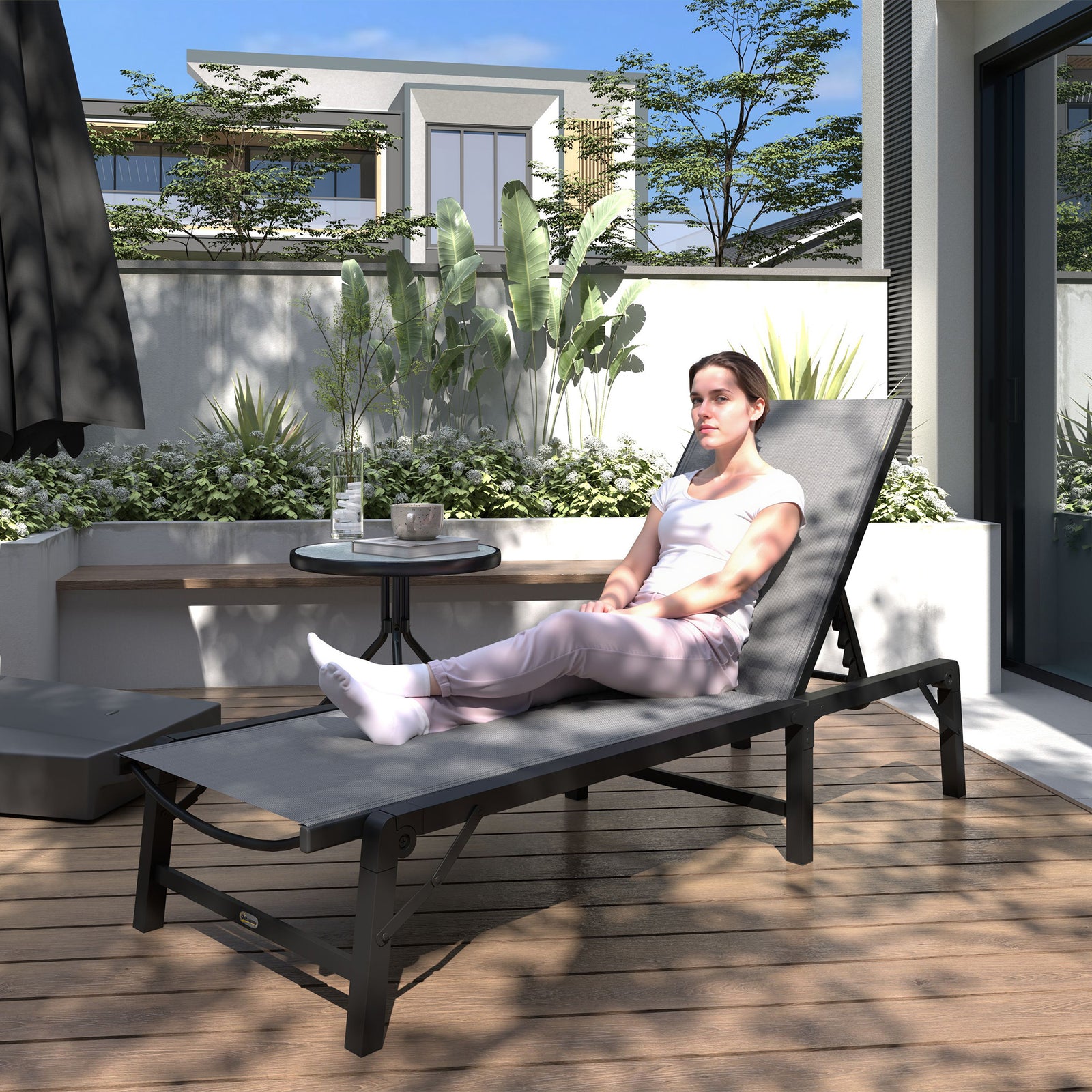 Folding Sun Lounger, 5-position Adjustable Sunbed | Light Grey