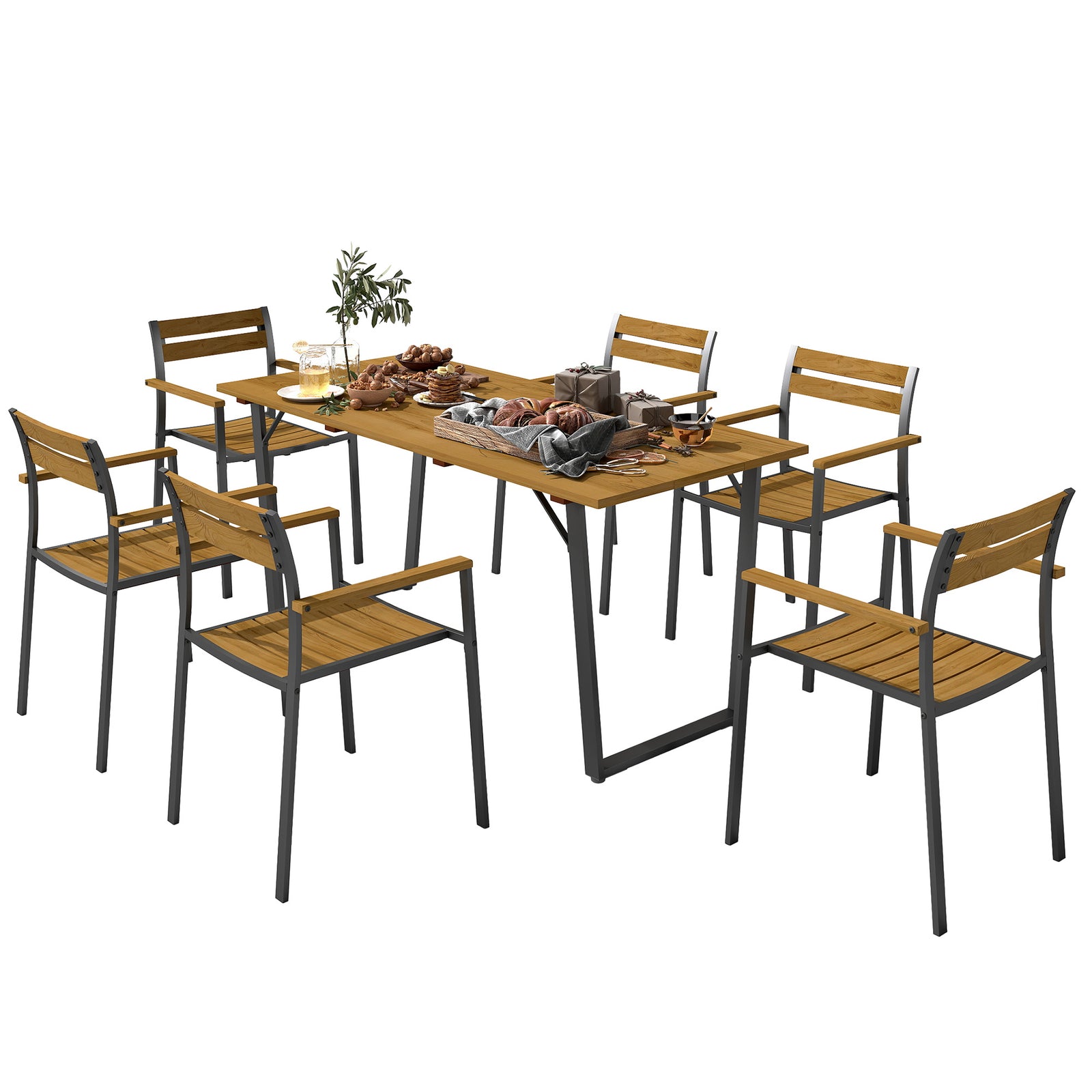 7-piece Fir Wood Set, 6 Stackable Chairs, Brown