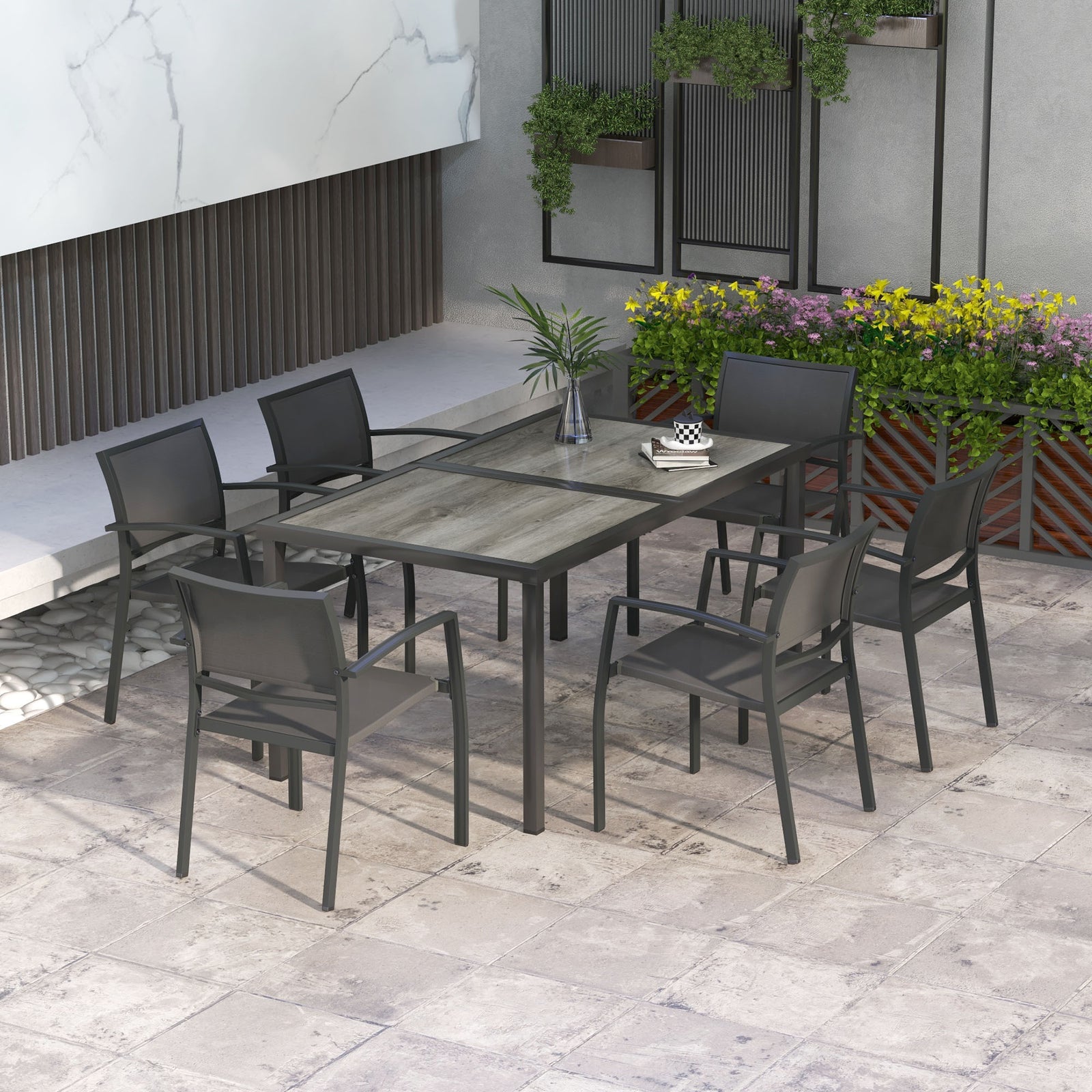 7 Pieces Patio Dining Set W/ 6 Stackable Chairs For Poolside
