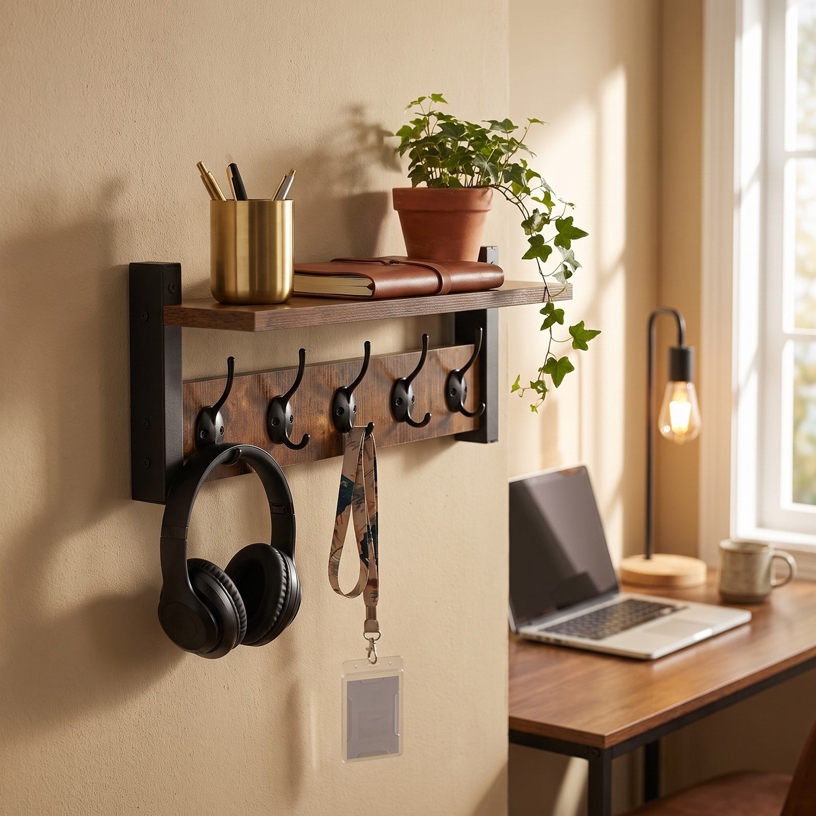 Breeins Wall-mounted Entryway Rustic Coat Rack Shelf With 5 Hooks