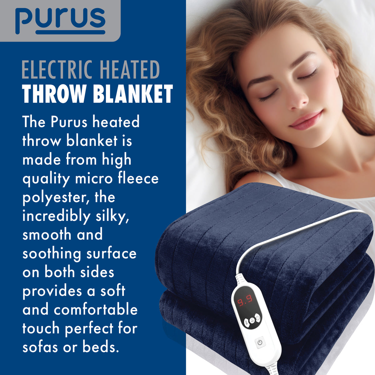 Deluxe Electric Throw Heated Double Over Blanket Soft Fleece 9 Heat & 12 Timer Settings | L | Navy Blue