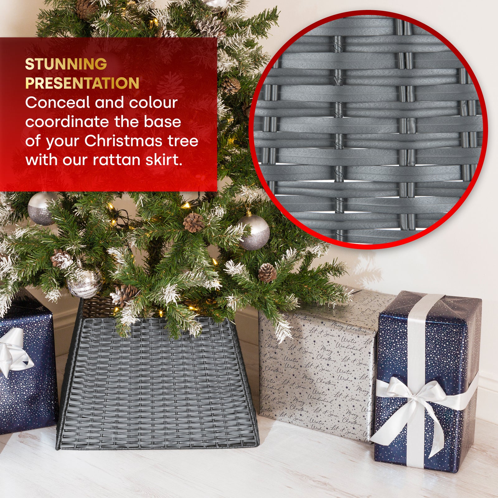 Rattan Christmas Tree Skirt Foldable Basket Decoration | Grey