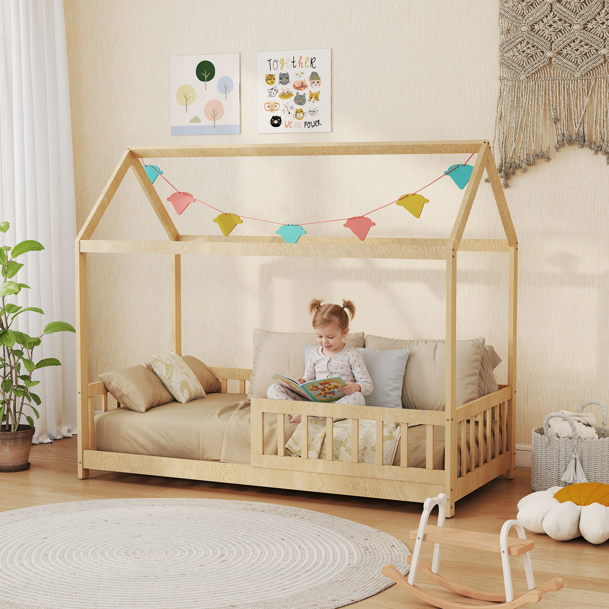 House-shaped Kids Bed Frame With Guard Rails For Boys Girls | Yellow