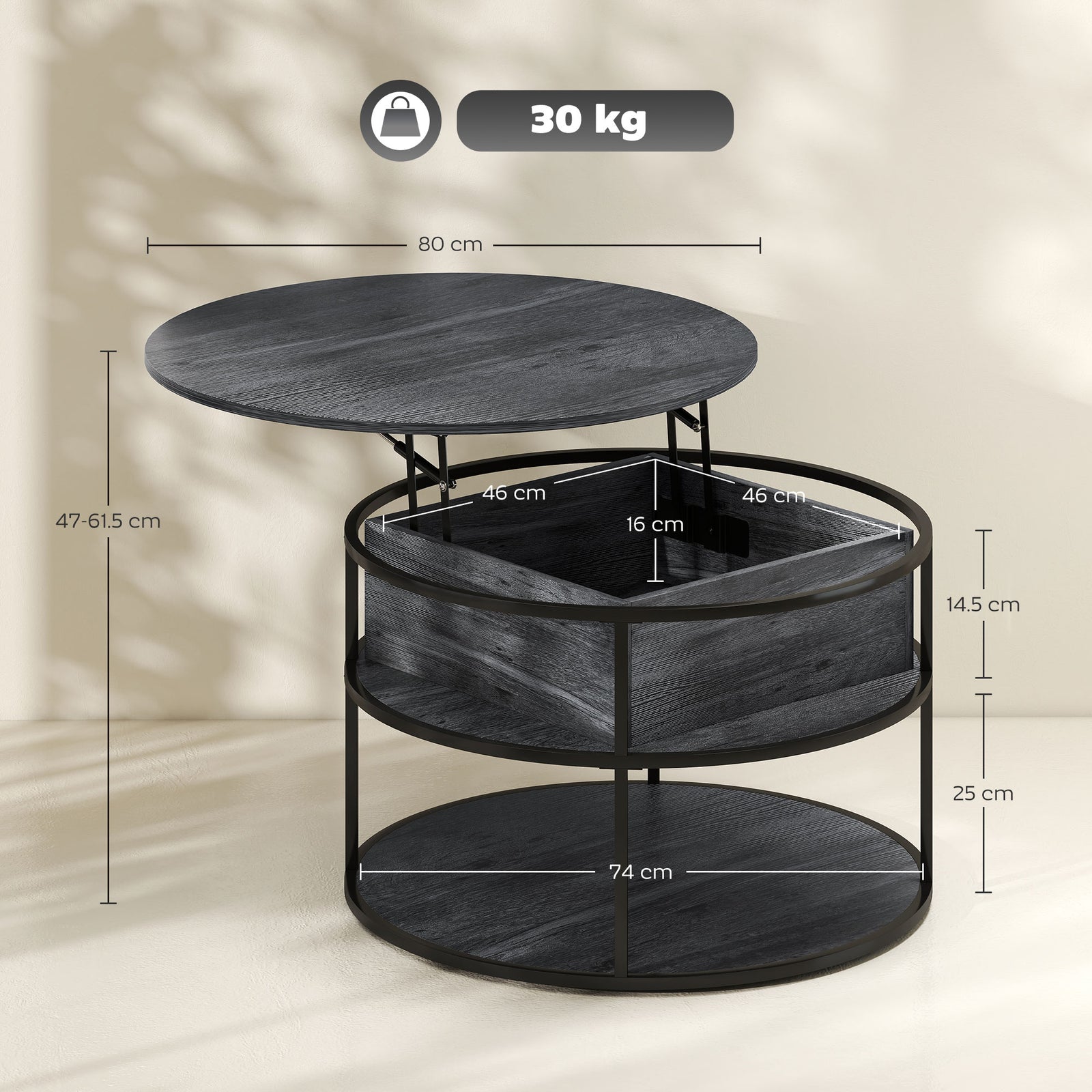 Lift Top Coffee Table, Round Coffee Table With Hidden Storage | Grey