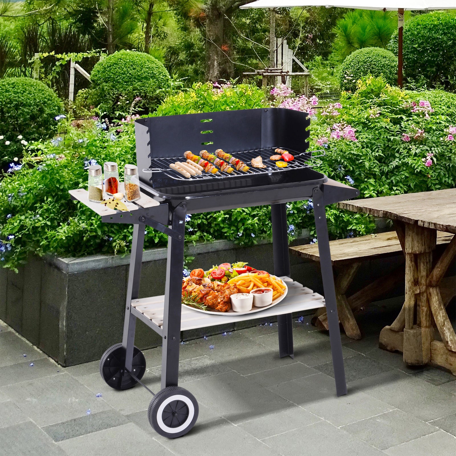 Trolley Charcoal Bbq, Side Trays, Wheels | Black