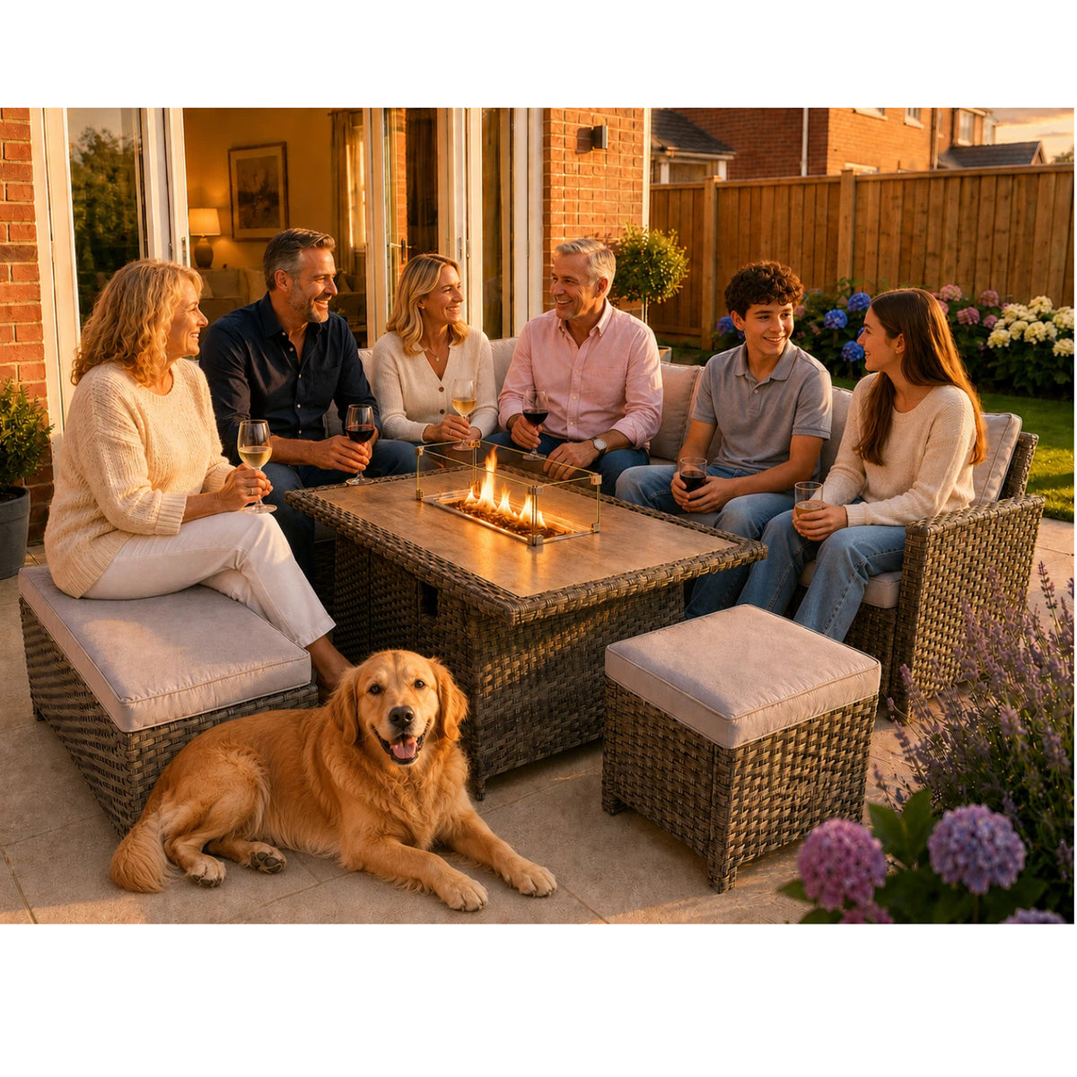 Indoor & Outdoor Living The Maldives Grey Aluminium 9 Seat Corner Gas Firepit Rattan Dining Set