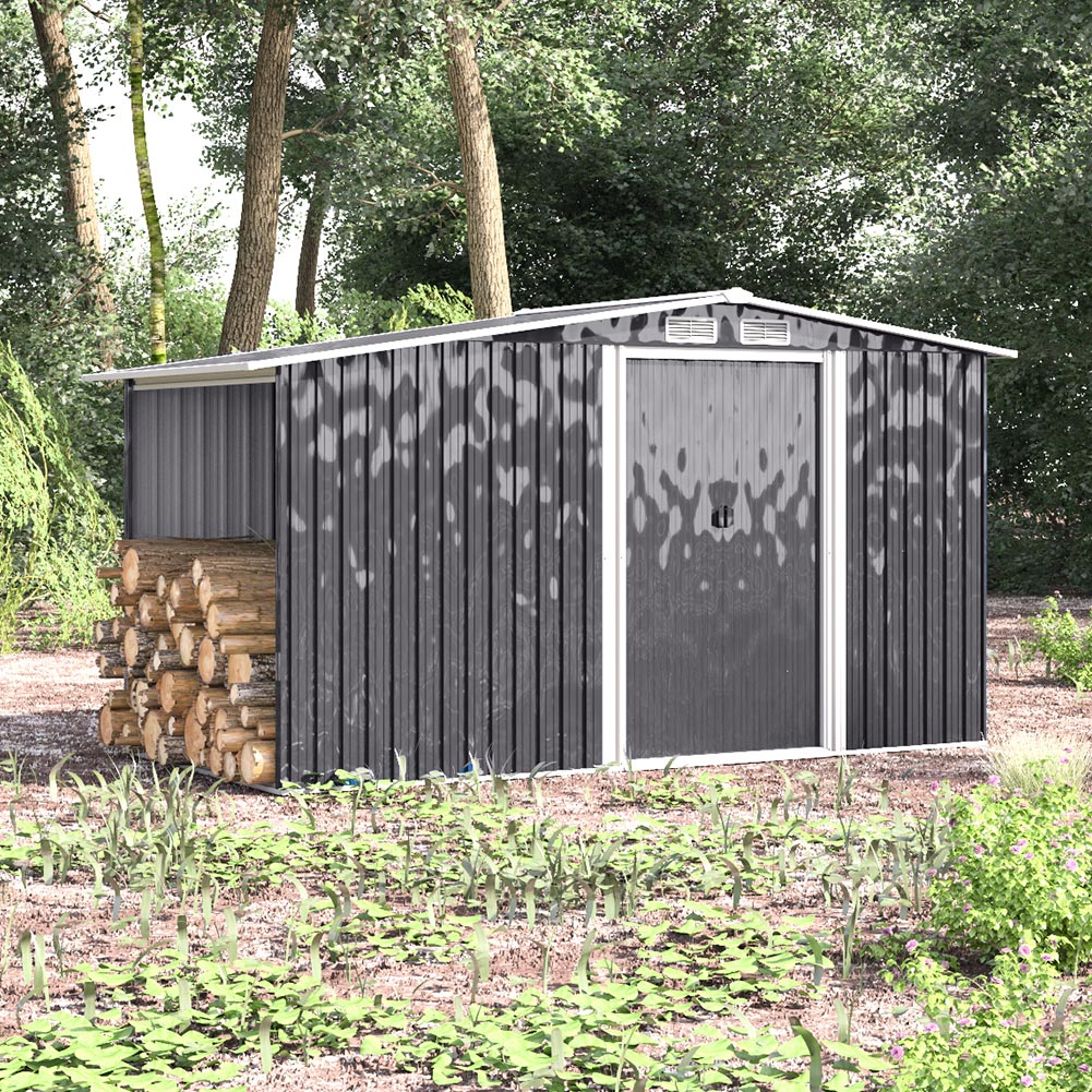 8x6ft Heavy Duty Garden Metal Shed With Extra 78cm Outdoor Weatherproof Firewood & Tool Storage Rack