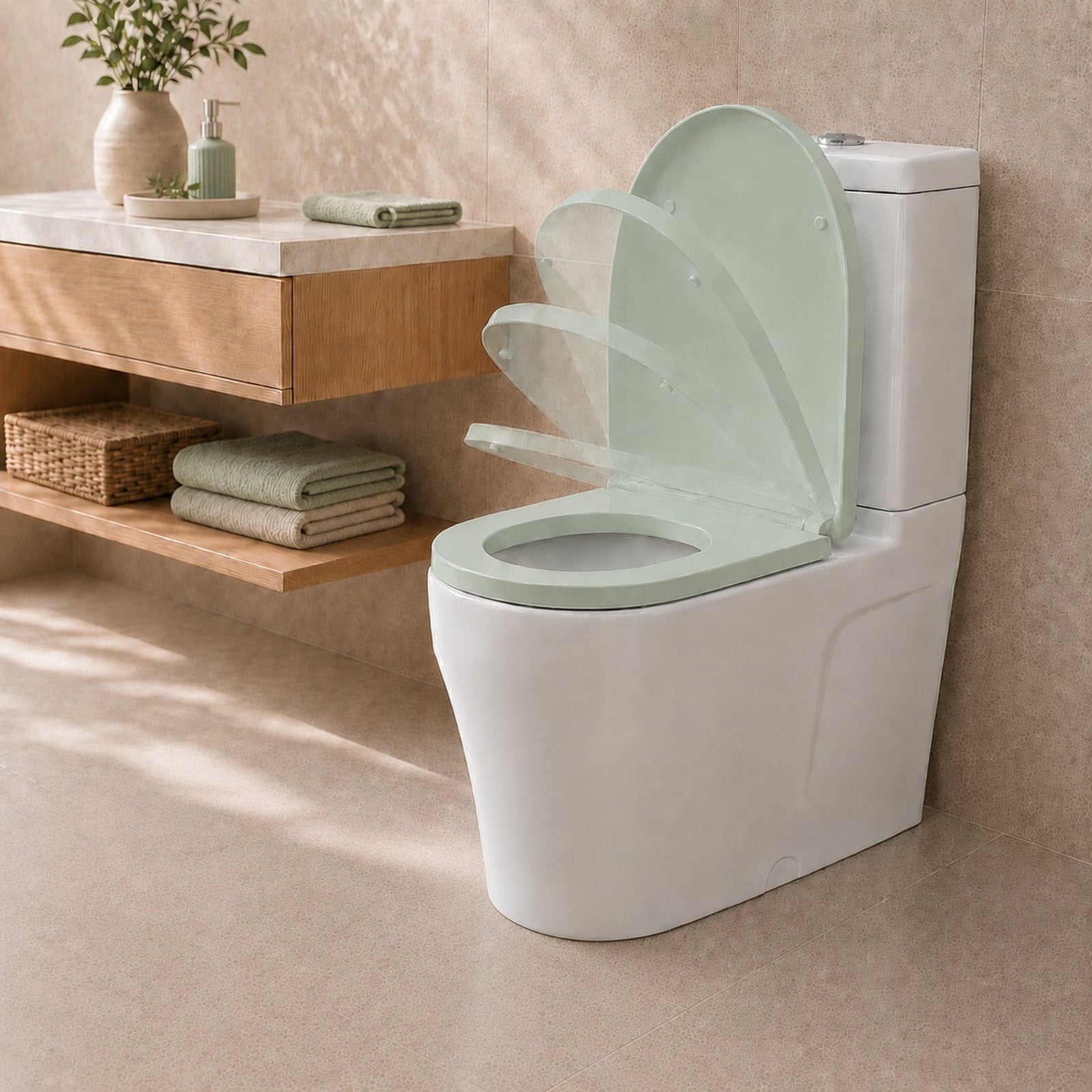 Toilet Seat Soft Close D Shape, Premium Thermoplastic, Quick Release, Top & Bottom Fixings | Sage Green