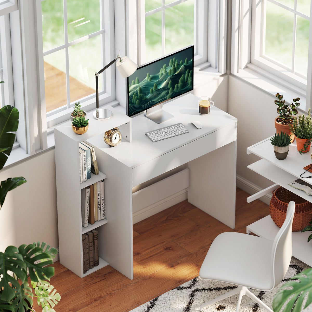 HOMCOM Computer Desk With 3 Open Shelves And Drawer, White