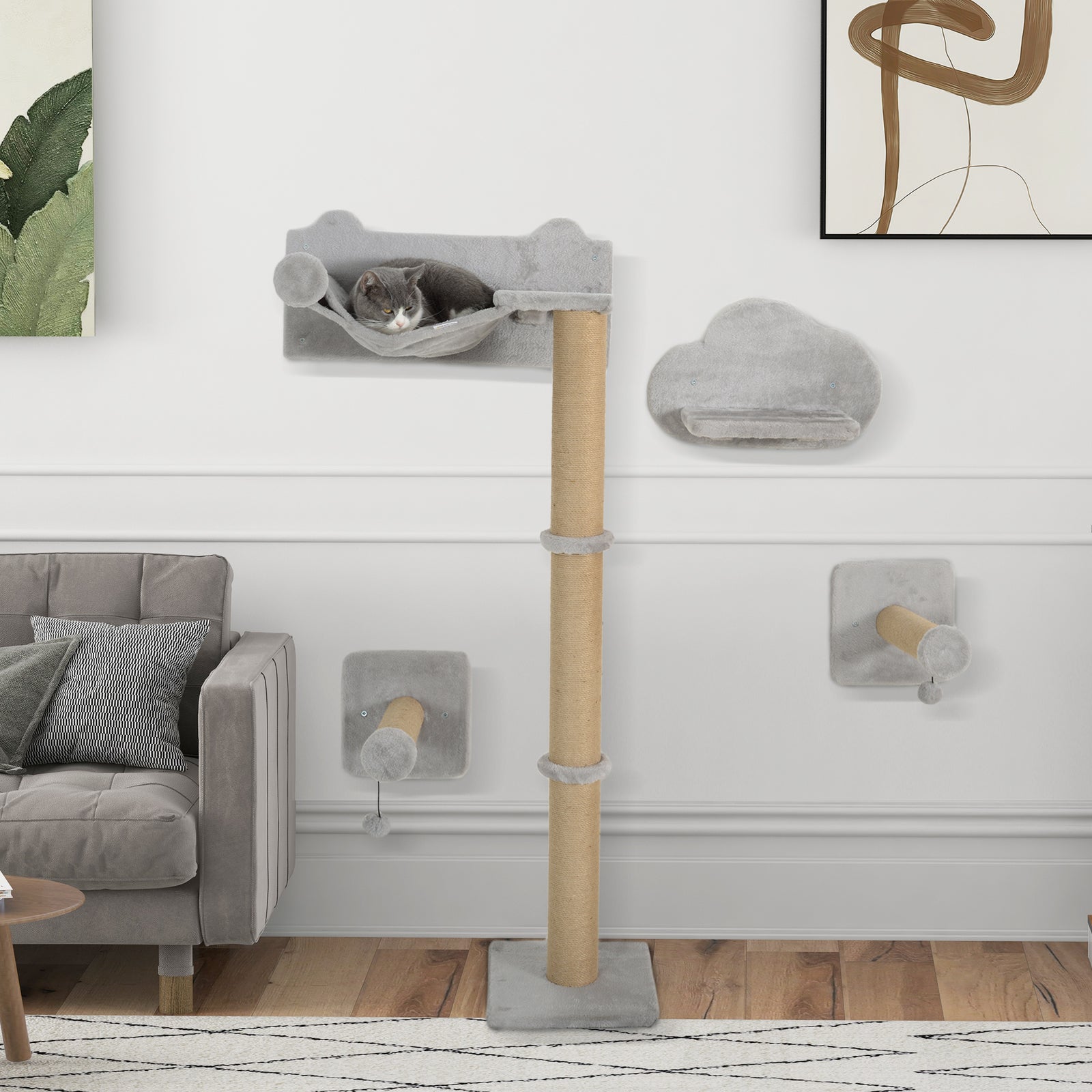4 Piece Cat Shelves W/ Scratching Post, Steps, Jumping Platform
