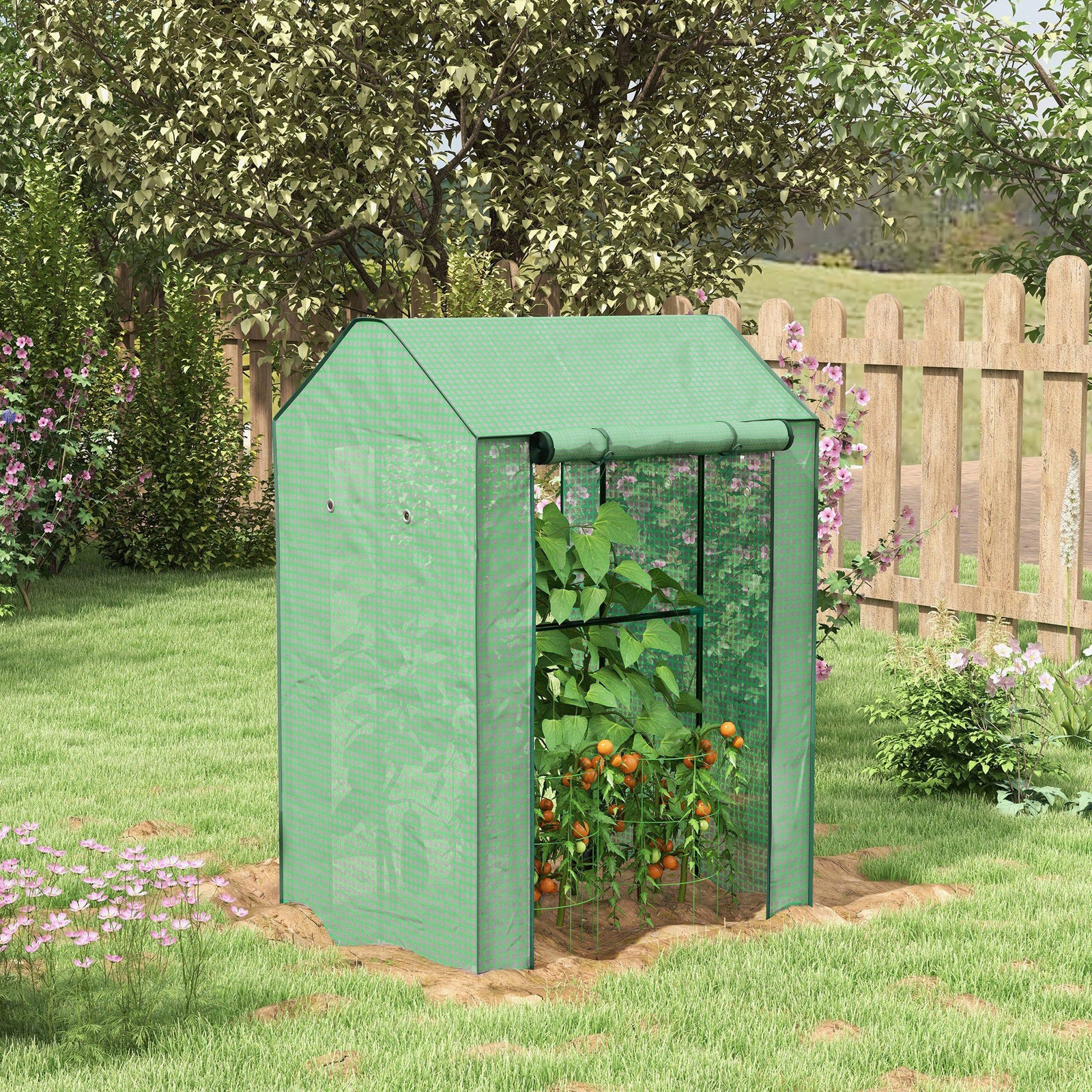 2-room Mini Greenhouse W/ Roll-up Doors & Pe Cover