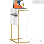HOMCOM C-shaped Side Table With Charging Station, Modern Bedside Table