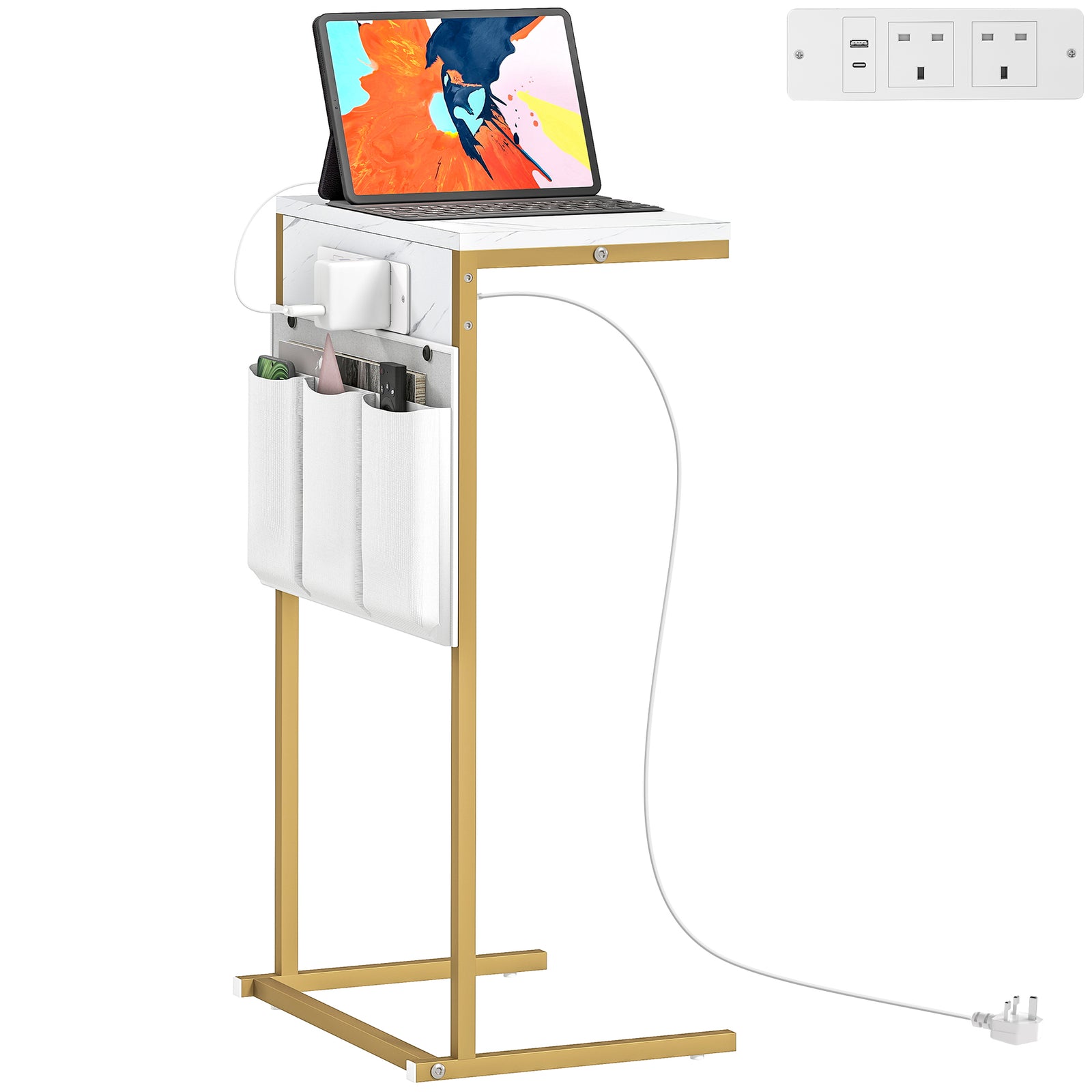 HOMCOM C-shaped Side Table With Charging Station, Modern Bedside Table