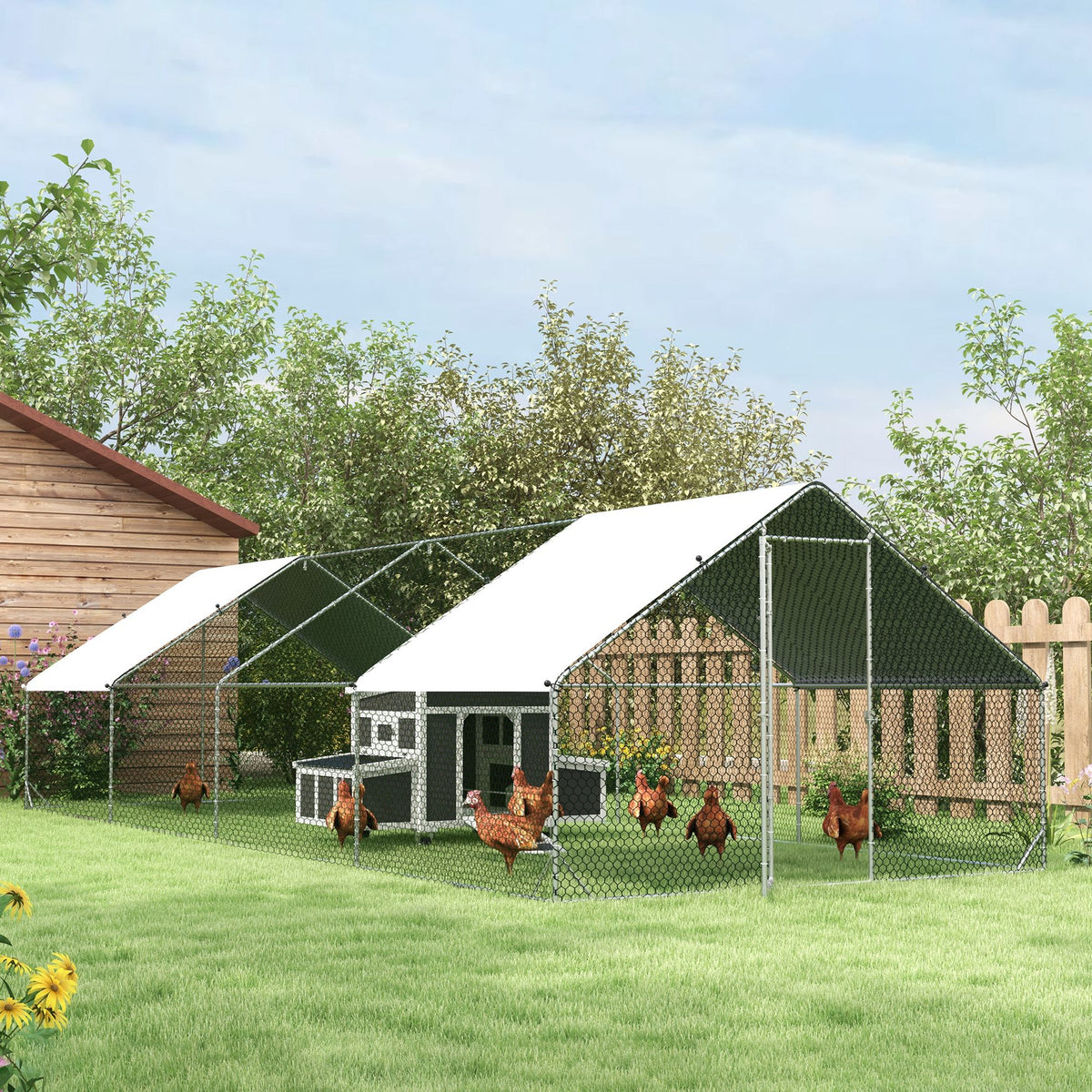 PawHut Walk In Chicken Run Large Galvanised Chicken Coop W/ Cover 3 X 8 X 2m