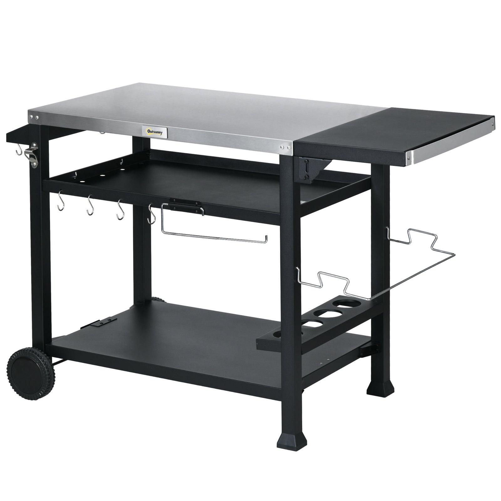 Outdoor Grill Cart, Foldable Table, 2 Wheels | Black